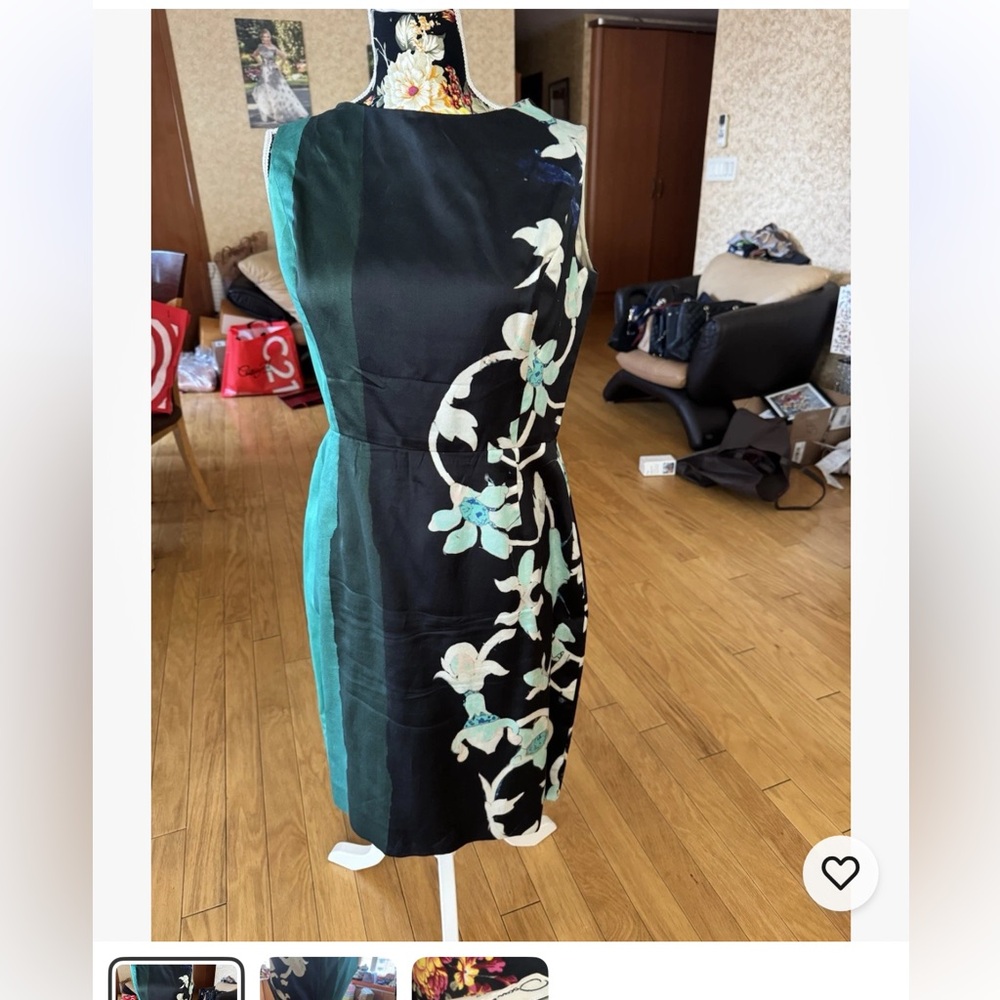 Oscar de la Renta Black Sheath Dress with Teal Floral Accents